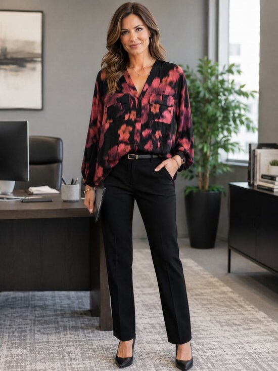 Universal Standard Tops - UNIVERSAL STANDARD Lng Slve Button-Up Black w/Blurred Pink Florals Blouse M